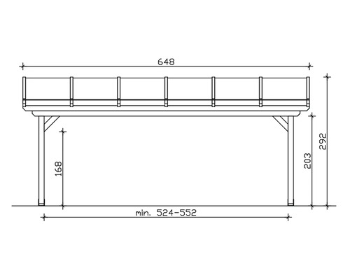 Technický nákres altánu s uvedením šířky, výšky a hloubky