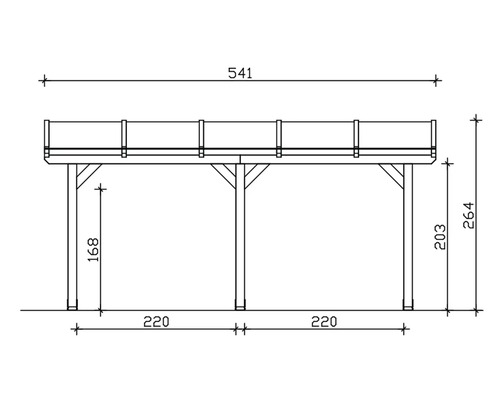 Technický výkres dřevěného přístřešku s rozměry