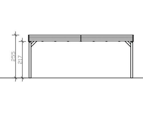 Nákres přístřešku pro auto o rozměrech 255 x 217 centimetrů.