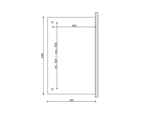 Technický výkres s rozměry výrobku: výška 648, šířka 400, hloubka 355, variabilní výška od 524 do 552.