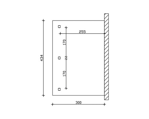 Technický výkres s rozměry pro objekt o výšce 434, šířce 300 a hloubce 255.