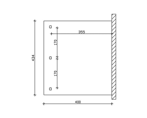 Technický nákres s rozměry: výška 434 mm, šířka 400 mm, hloubka 355 mm, rozteč montážních otvorů 170 mm.
