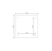 Technický nákres čtvercové desky o rozměrech 439 x 439 mm a čtyřmi otvory pro šrouby ve vzdálenosti 335 mm.