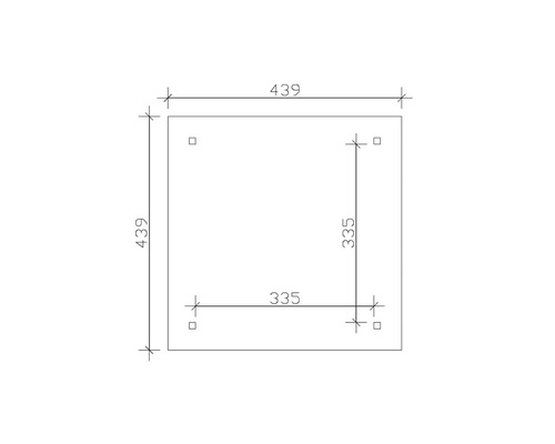 Technický nákres čtvercové desky o rozměrech 439 x 439 mm a čtyřmi otvory pro šrouby ve vzdálenosti 335 mm.