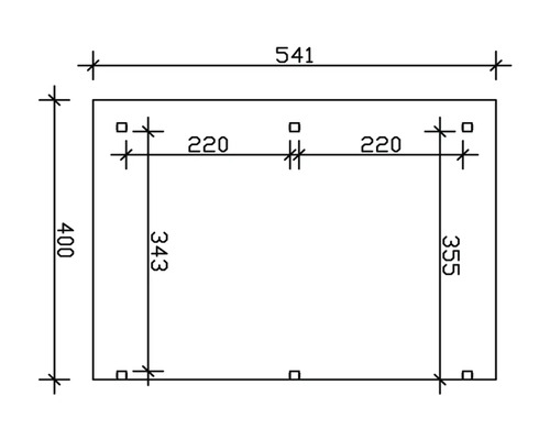 Technický výkres s rozměry pro obdélníkový objekt: vnější rozměry 541 x 400 mm, vnitřní svislé vzdálenosti 343 a 355 mm, vodorovně 220 mm.