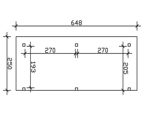 Technický výkres s rozměry 648 x 250 mm