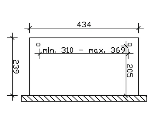 Technický nákres s rozměry produktu: výška 239, šířka 434, hloubka minimálně 310 až maximálně 369, výška 205.