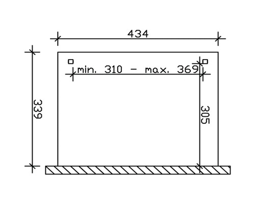 Technický výkres s rozměry produktu: 434, 339, minimálně 310, maximálně 369, 305
