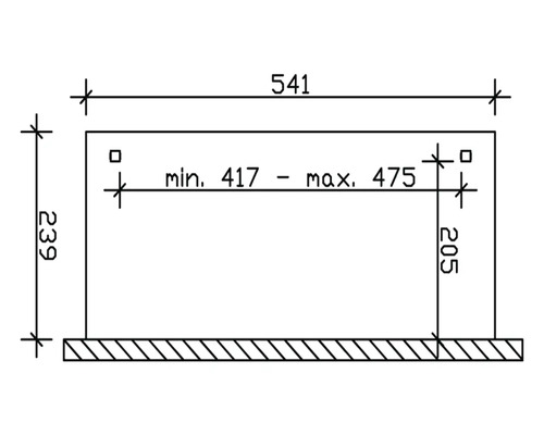 Technický výkres s rozměry: celková délka 541 mm, výška 239 mm, hloubka 205 mm, vnitřní vzdálenost minimálně 417 mm, maximálně 475 mm.