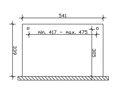 Technický nákres s rozměry: celková šířka 541 mm, výška 339 mm, tloušťka 305 mm a variabilní vzdálenost mezi 417 mm a 475 mm.