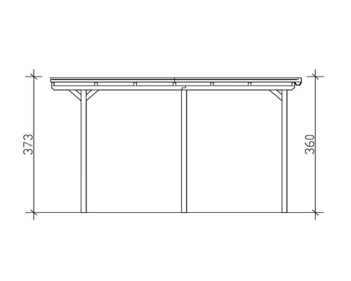 Technický nákres přístřešku pro auto o rozměrech 373 x 360 centimetrů.