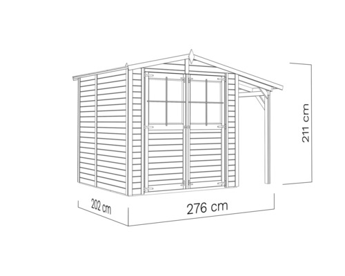 Ilustrace zahradního domku o rozměrech 202 cm x 276 cm x 211 cm.