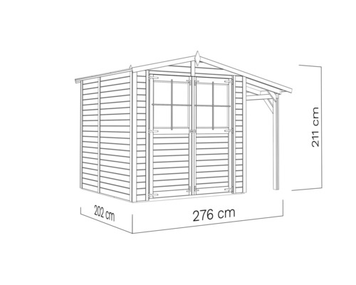 Ilustrace zahradního domku s markýzou a rozměry