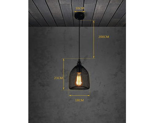 Závěsná lampa s černým drátěným pletivem a rozměry