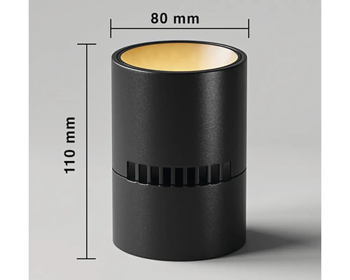 Obrázek černého interiérového svítidla o rozměrech 110 mm výška a 80 mm průměr