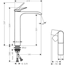 Technický nákres vodovodní baterie s rozměry