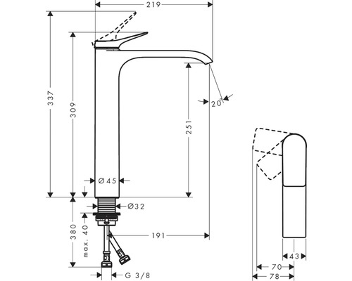 Technický nákres vodovodní baterie s rozměry