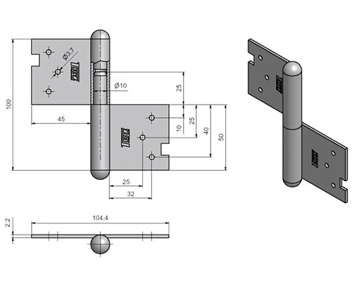 Technický nákres závěsu dveří s rozměry.