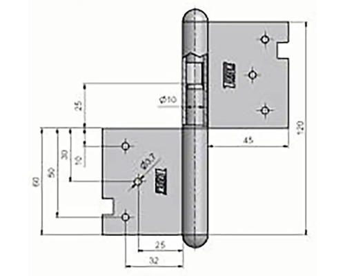 Technický nákres závěsu dveří s rozměry