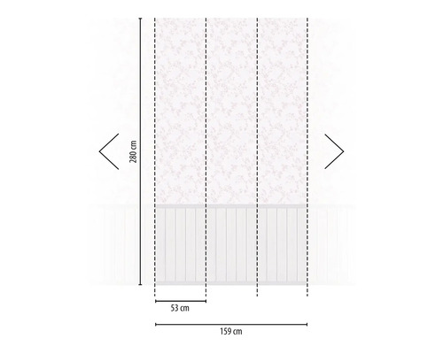 Rozměry tapety s květinovým vzorem, skládající se z několika pruhů, kde výška je 280 cm a celková šířka je 159 cm.