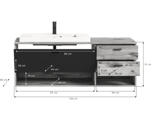 Skříňka pod umyvadlo s umyvadlem, zásuvkami a rozměry