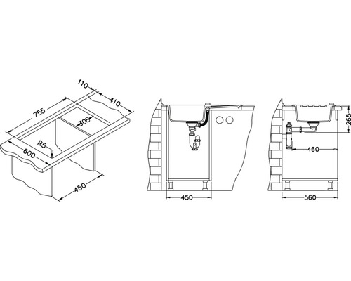 Technický výkres dřezu s rozměry