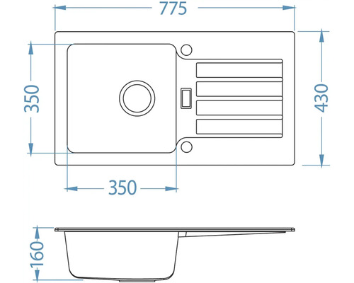 Technický výkres kuchyňského dřezu o rozměrech 775 x 430 x 160 mm