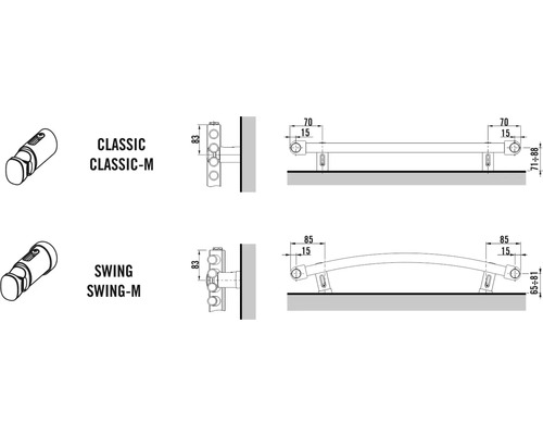Zobrazení konstrukce držáků ručníků variant Classic-M a Swing-M s rozměry.