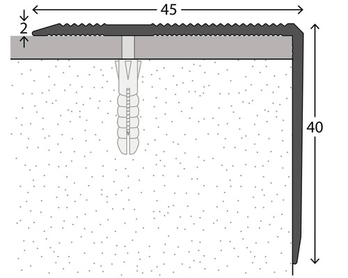 Nákres profilu hrany schodu o rozměrech 45, 2 a 40, upevněný hmoždinkou.