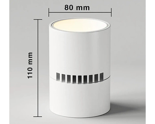 Válcové vnitřní svítidlo, výška 110 mm, šířka 80 mm.