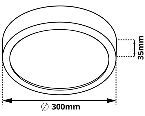 Technický nákres kulatého svítidla o rozměrech 300 mm v průměru a 35 mm na výšku