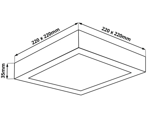 Technický nákres stropního svítidla o rozměrech 220 x 220 x 35 milimetrů.