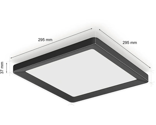 Čtvercové stropní svítidlo o rozměrech 295 mm x 295 mm x 37 mm.