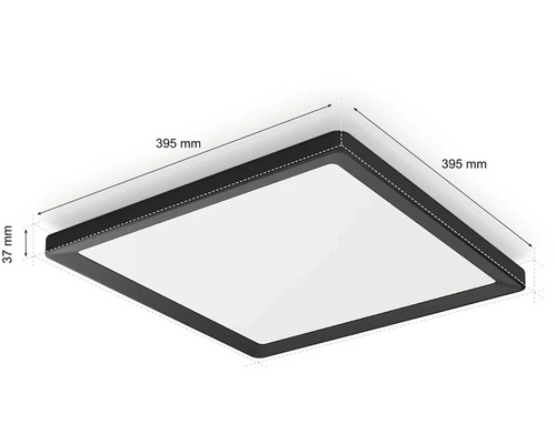 Čtvercové stropní svítidlo o rozměrech 395 krát 395 milimetrů a výšce 37 milimetrů.