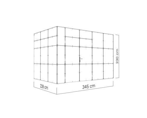 Nákres zahradního domku o rozměrech 345 cm krát 228 cm krát 230 cm.
