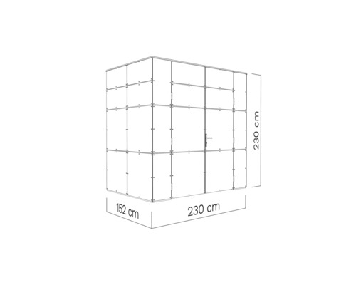 Zobrazení zahradního domku o rozměrech 230 cm x 230 cm x 152 cm.