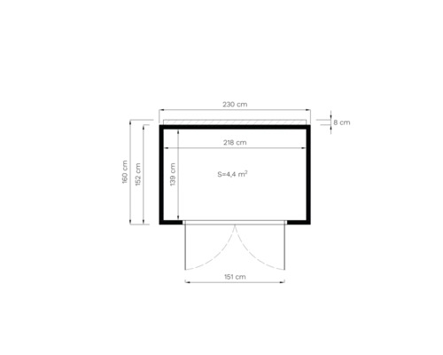Půdorys zahradního domku o rozměrech 230 x 160 centimetrů