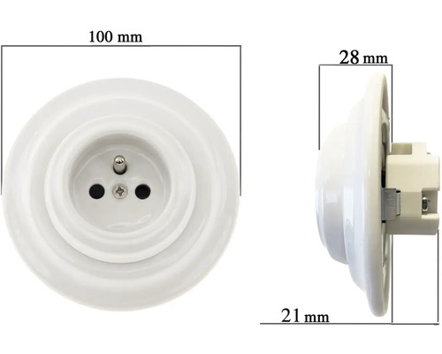 Zásuvka, 100 mm široká, 28 mm hluboká a 21 mm vysoká, z keramiky