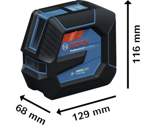 Logo společnosti Bosch. Křížový čárový laser Bosch GLL 20-22 G Professional o rozměrech 116 x 68 x 129 mm.