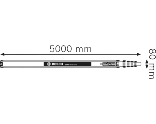 Měřicí tyč Bosch GR 500 Professional o délce 5000 mm a šířce 80 mm.