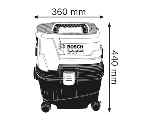 Vysavač Bosch GAS 15 PS s rozměry 360 mm šířka a 440 mm výška