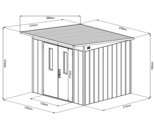 Ilustrace kovového zahradního domku s rozměry
