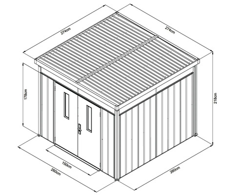 Technický nákres kovového zahradního domku s rozměry
