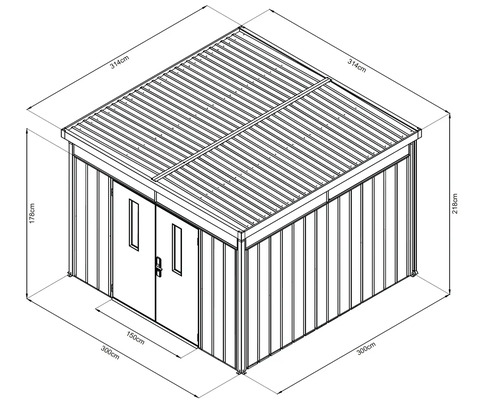 Obrázek zahradního domku o rozměrech 314 cm x 300 cm x 218 cm