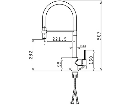 Technický výkres kuchyňské baterie s rozměry