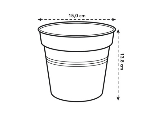 Obrázek květináče o rozměrech 15,0 cm v průměru a 13,8 cm na výšku.