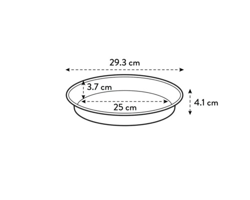 Technický nákres kulaté misky na rostliny o rozměrech 29,3 cm x 25 cm x 4,1 cm x 3,7 cm.