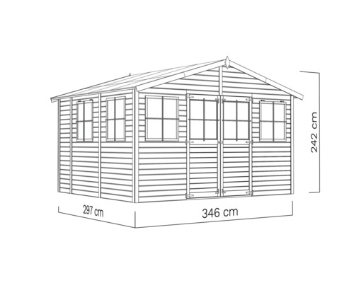 Obrázek zahradního domku o rozměrech 297 centimetrů krát 346 centimetrů a výšce 242 centimetrů