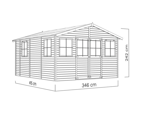 Ilustrace zahradního domku s rozměry