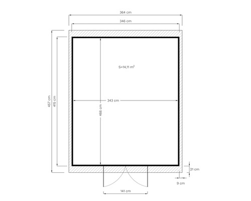 Půdorysný nákres s rozměry pro zahradní domek nebo podobnou konstrukci